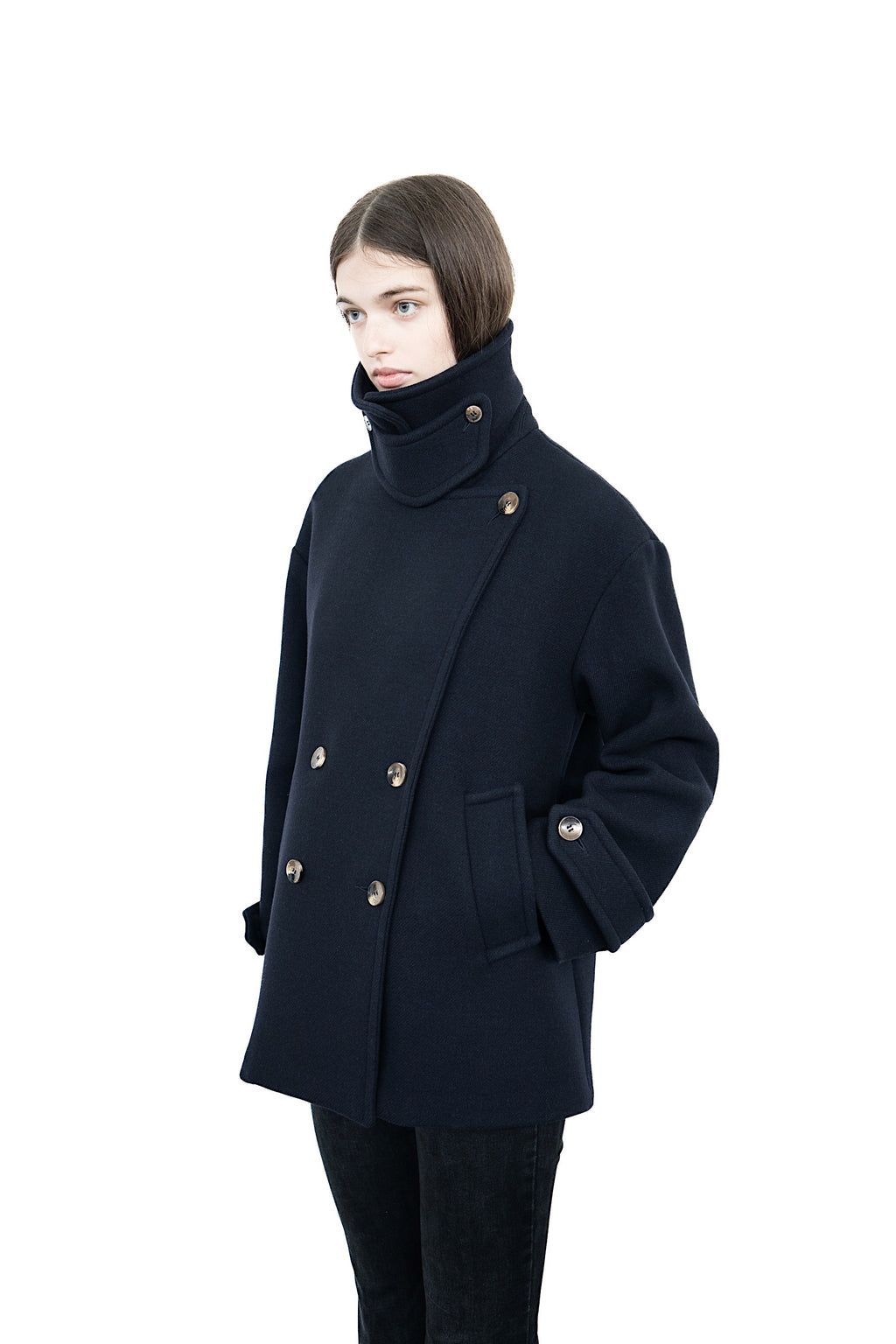 HIGH NECK WOOL COAT NAVY BLUE