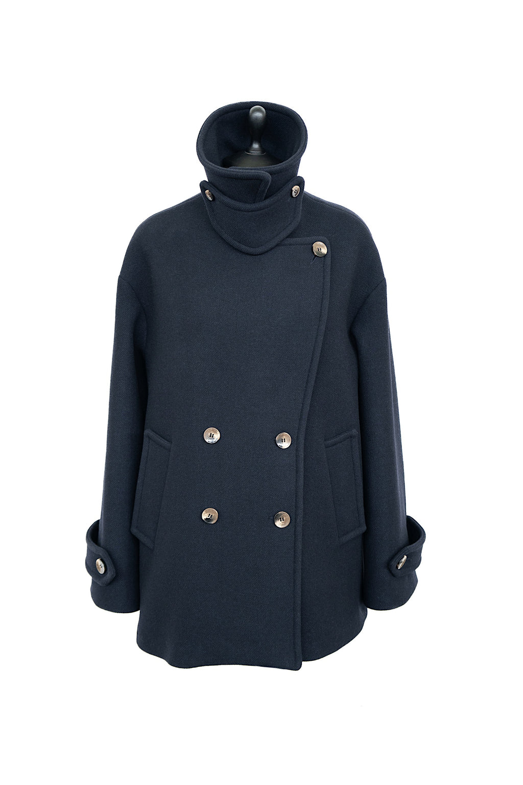 HIGH NECK WOOL COAT NAVY BLUE