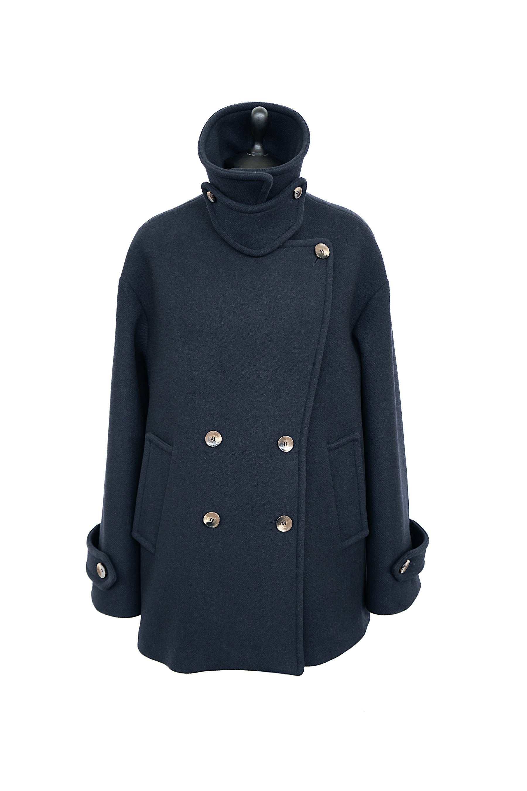 HIGH NECK WOOL COAT NAVY BLUE